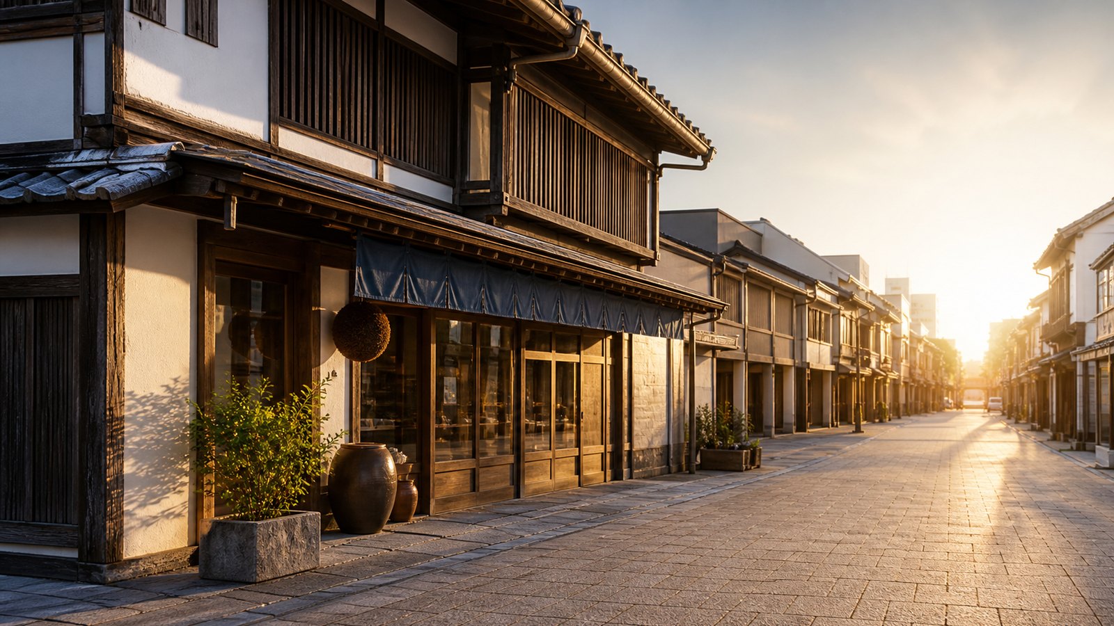 朝日が差す街に続く老舗の店構え